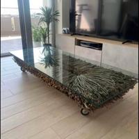 Tavolino da Tv, base in rami e top in vetro