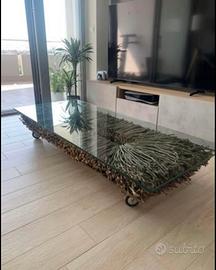 Tavolino da Tv, base in rami e top in vetro