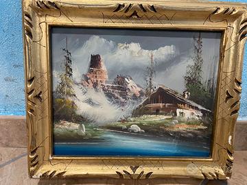 Dipinto a Olio "Paesaggio Alpino con Baita"