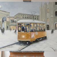 Dipinto a mano Tram Milano sotto la neve 80x60 cm 
