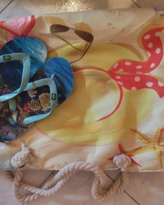 Stock spiaggia:borsa mare molto capiente,infradito