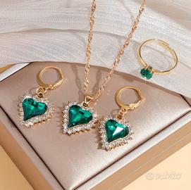 Set Gioielli Cuore Smeraldo Collana Orecchini anel