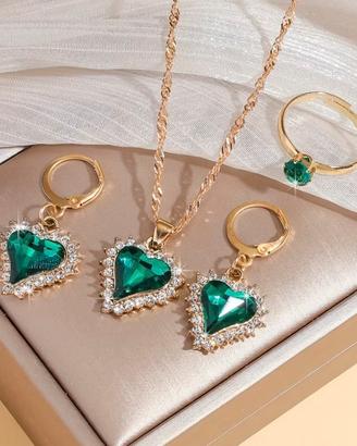 Set Gioielli Cuore Smeraldo Collana Orecchini anel