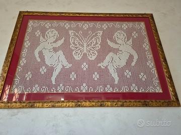 Quadro Uncinetto Filet Fatto a Mano cornice Dorata