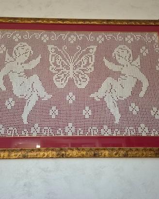 Quadro Uncinetto Filet Fatto a Mano cornice Dorata