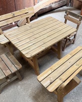 Set tavolo + 2 panche e 2 sedie in pino impregnato