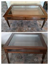 Coppia tavolini bacheca vintage legno e vetro