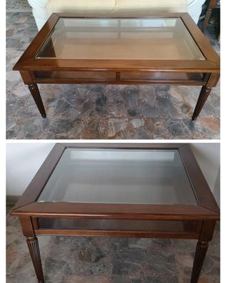 Coppia tavolini bacheca vintage legno e vetro