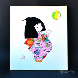 Oshie shikishi - bambina in kimono che gioca