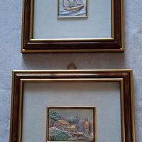 Coppia quadri su lastra in argento, cornici legno