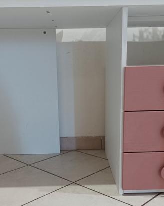 Scrivania bianca rifiniture rosa con cassettiera